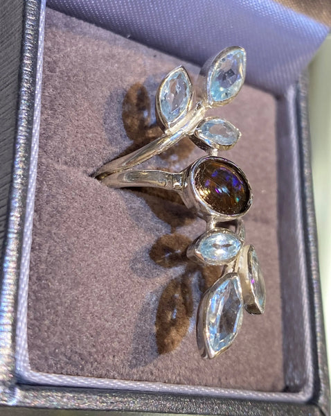 Ammolite Silver Ring with Aquamarines Right View PN AZ020