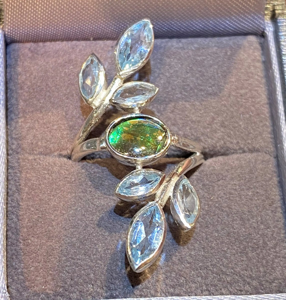 Ammolite Silver Ring with Aquamarines PN AZ020