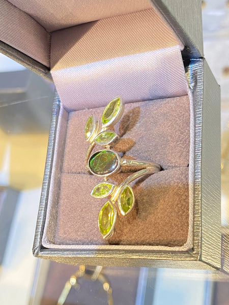 Ammolite Silver Ring with Peridot Left View PN AZ019