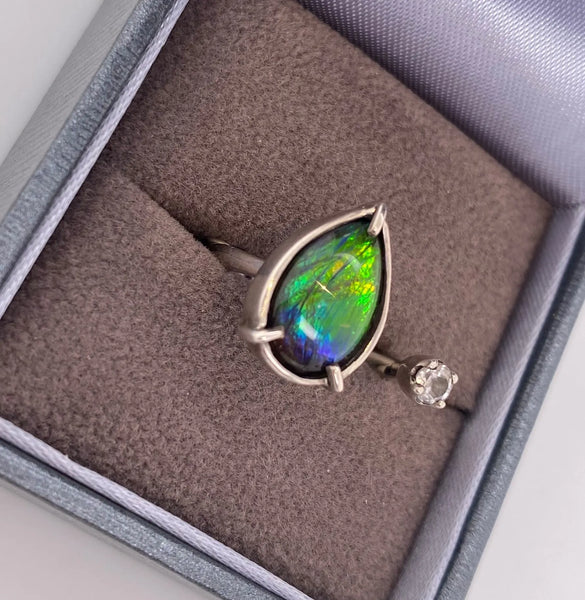 Ammolite Silver Split Ring with a White Topaz Accent Left View PN E20611