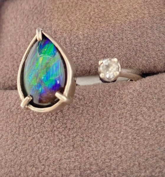 Ammolite Silver Split Ring with a White Topaz Accent Right View PN E20611