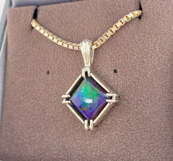 Ammolite Silver Square Pendant with vibrant Blue Gemstone Right View PN E10461
