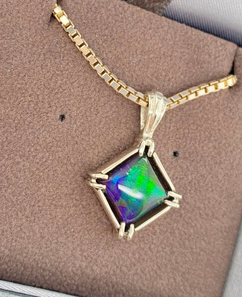 Ammolite Silver Square Pendant with vibrant Blue Gemstone Left View PN E10461