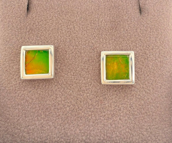 Ammolite Stud Earring Set in Silver with Square Gemstones Front View PN E21464