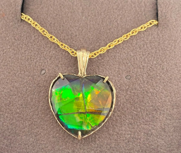 Ammolite Yellow Gold Pendant with Heart Shaped Gem PN E21402