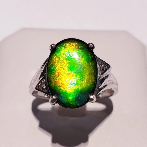 Sterling Silver Oval Ammolite Ring with Accent Stones PN:AF-8N2 %product from Empire Ammolite