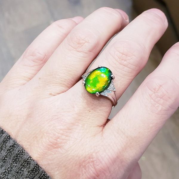 Sterling Silver Oval Ammolite Ring with Accent Stones PN:AF-8N2 %product from Empire Ammolite