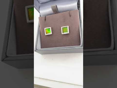 Ammolite Stud Earring Set in Silver with Square Gemstones Video PN E21464