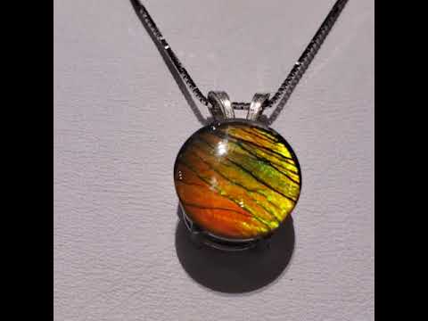 Genuine Canadian Ammolite Pendant Video 10mm Round Set in Sterling Silver