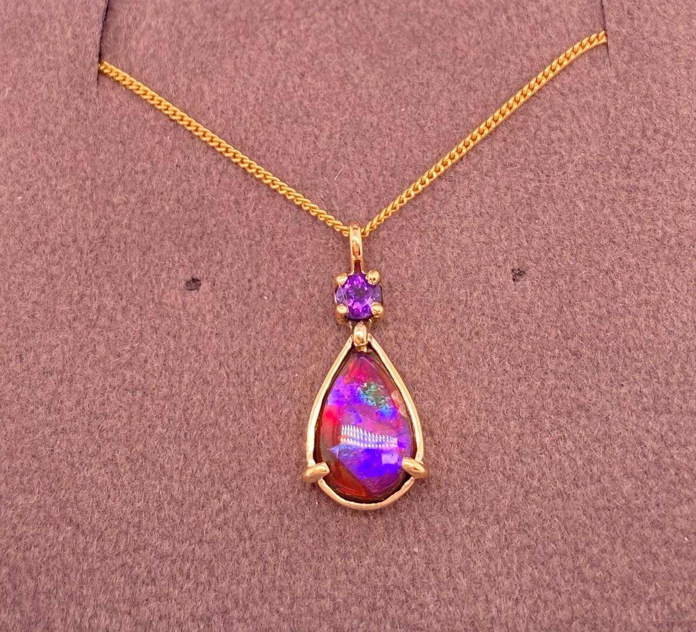 Ammolite Gold Pendant with Petite Pear and Amethyst Gemstone PN E21513