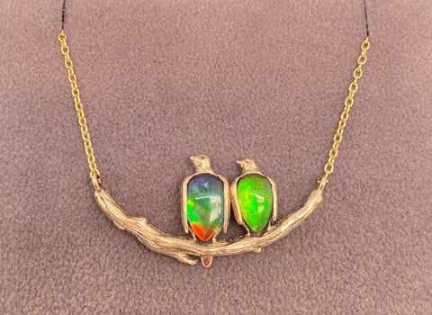 Ammolite Birds on 14K Yellow Gold Branch Pendant PN E21521