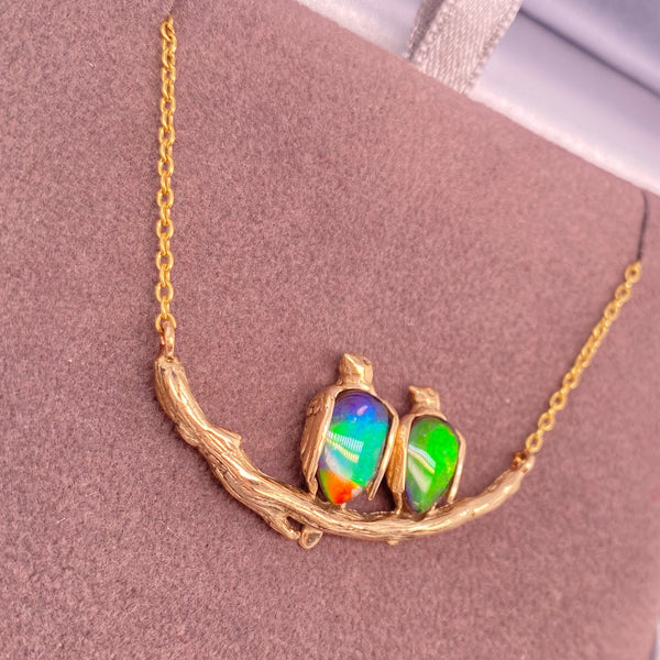 Ammolite Birds on 14K Yellow Gold Branch Pendant Left View PN E21521