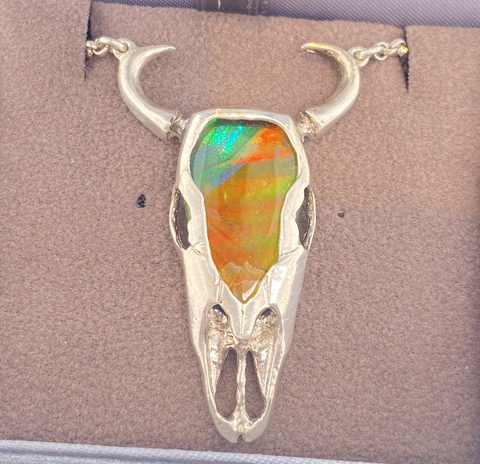 Ammolite Silver Buffalo Skull Pendant with integrated chain PN E21492