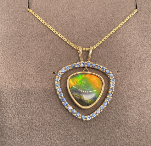 Ammolite Single Halo Floating Gold Pendant with Blue Sapphire Pn: E20734