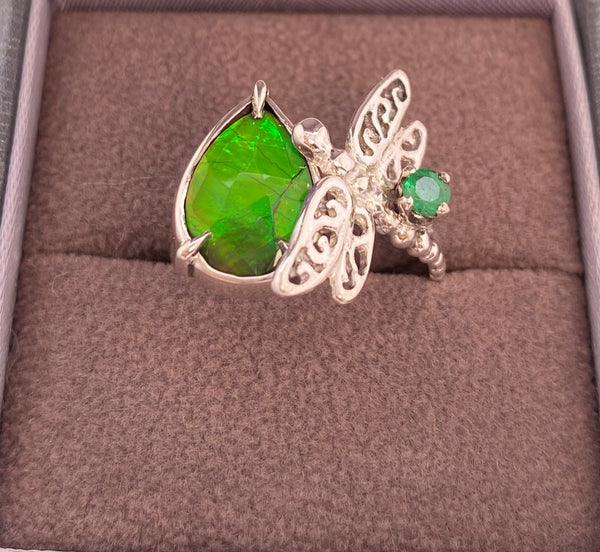 Ammolite and Emerald Silver Dragonfly Ring PN E21183