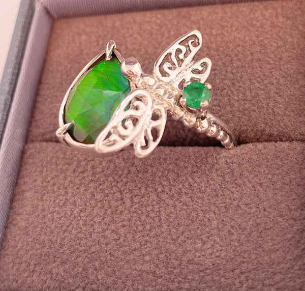 Ammolite and Emerald Silver Dragonfly Ring Right View PN E21183