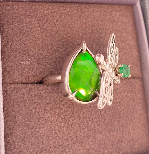 Ammolite and Emerald Silver Dragonfly Ring Left View PN E21183