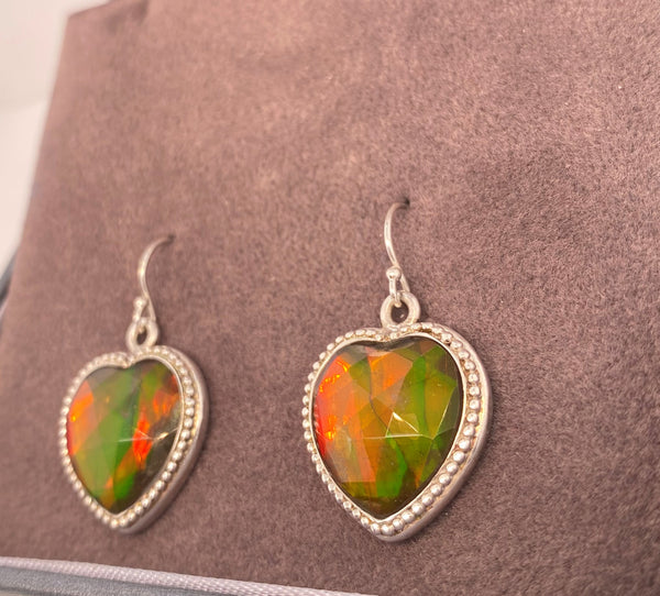 Ammolite Silver Earrings with Heart Shaped Setting PN AZ023