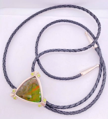 Ammolite Sterling Silver Bolo Tie with Green Trillion Gemstone PN E21493