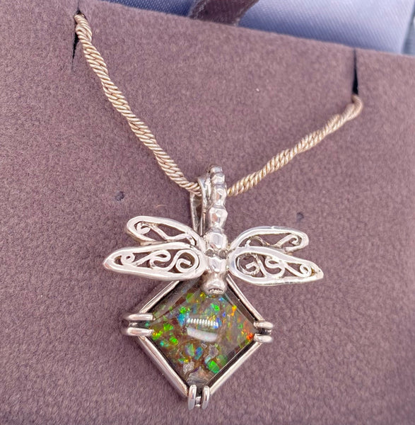 Ammolite Pendant that is 10mm Square with a Dragonfly Enhancer Right View PN E00424R
