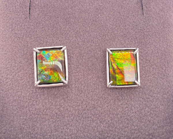 Ammolite Silver Rectangle Stud Earrings Front View  PN E21494