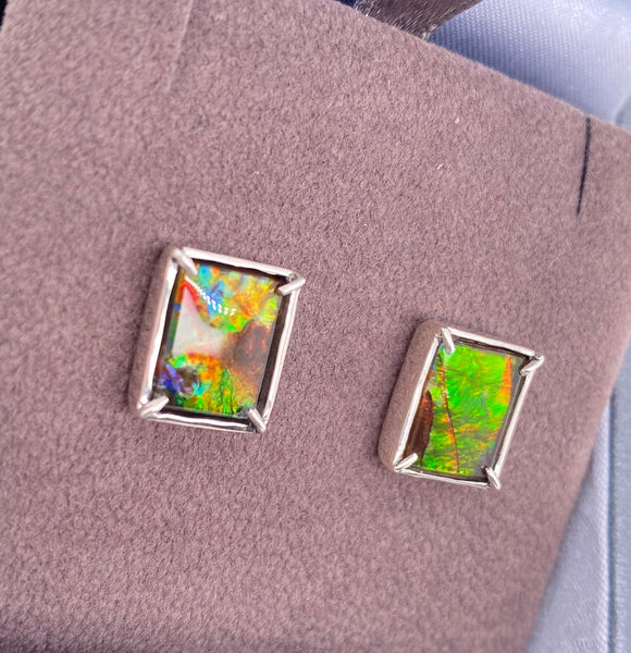 Ammolite Silver Rectangle Stud Earrings Right View PN E21494