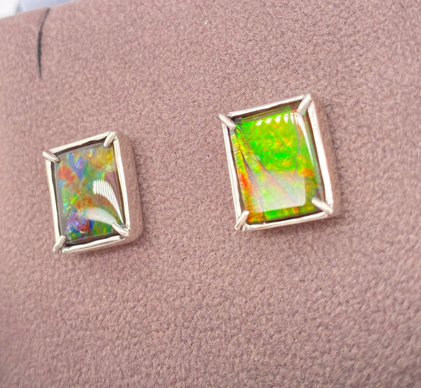 Ammolite Silver Rectangle Stud Earrings Left View PN E21494