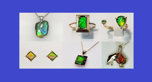 Picture with six types of Jewelry: Ammonite Freeform Pendants, Gold Ammolite Ring, Gold Ammolite Split Ring with Emerald, Ammolite Square Silver Earrings, Ammolite Sterling Silver Rectangle Necklace, and Ammolite Buffalo Shaped Silver Pendant