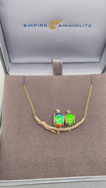 Ammolite Birds on 14K Yellow Gold Branch Pendant Video PN E21521