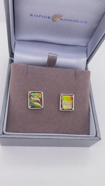 Ammolite Silver Rectangle Stud Earrings Video PN E21494