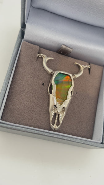 Ammolite Silver Buffalo Skull Pendant with integrated chain PN E21492