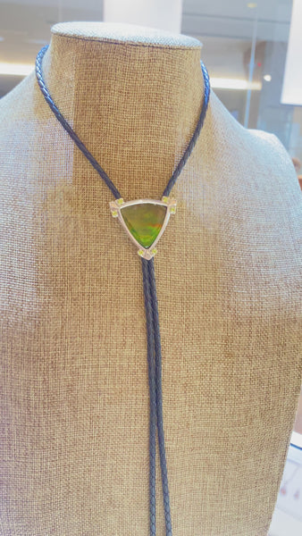Ammolite Sterling Silver Bolo Tie with Green Trillion Gemstone Video PN E21493