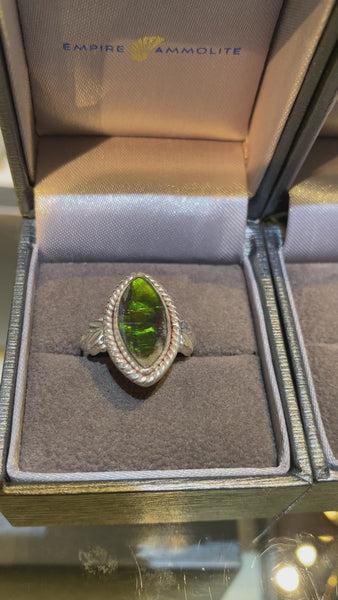 Ammolite Silver Ring with 8x16mm Marquise Gemstone Video PN AZ011