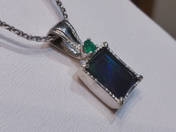 Ammolite Rectangle Pendant with Emerald Accent 