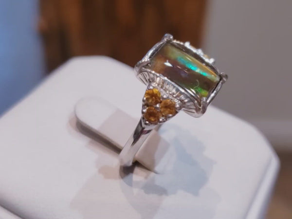 Ammolite Ring With Six Citrines Accent Stones Set in Silver PN: E20321