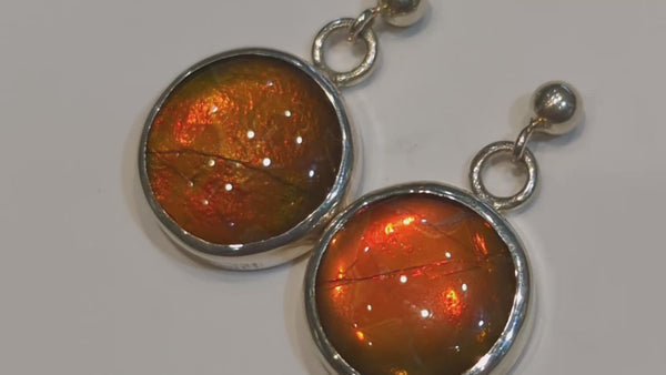 Ammolite Round Earrings with Orange and Green Flash Video PN. E00424E