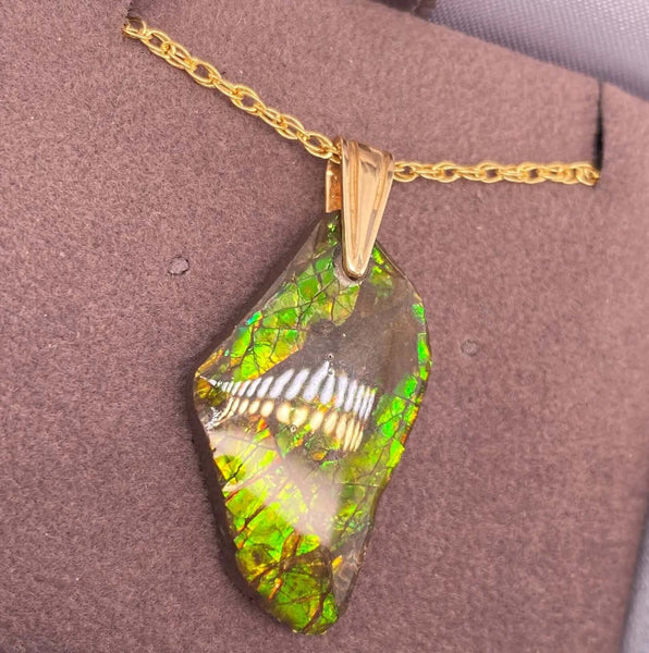 Ammolite Freeform Pendant that is 27x15mm Left View PN E134S 