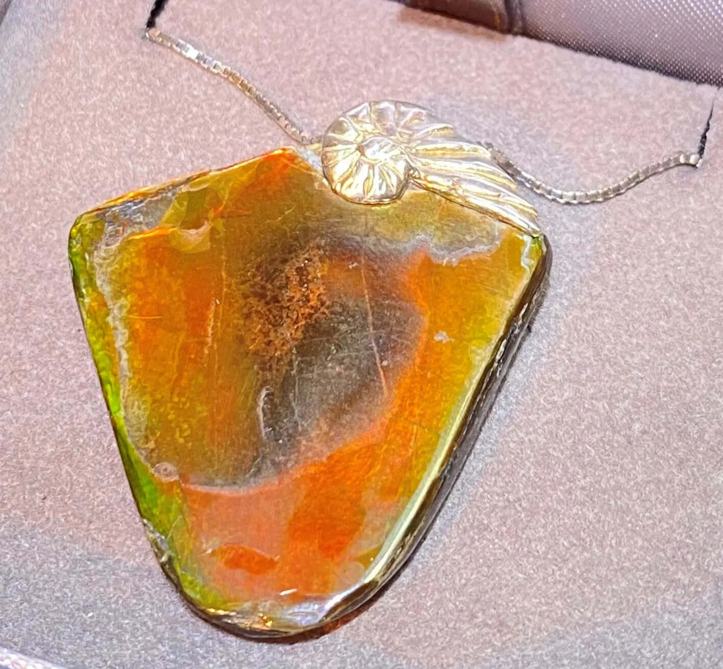Ammolite Freeform and Sterling Silver Bail 30x28mm Front View PN E13421 