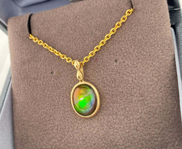 Ammolite Gold Oval Pendant with 8x10mm Gemstone Right View PN E1361T 