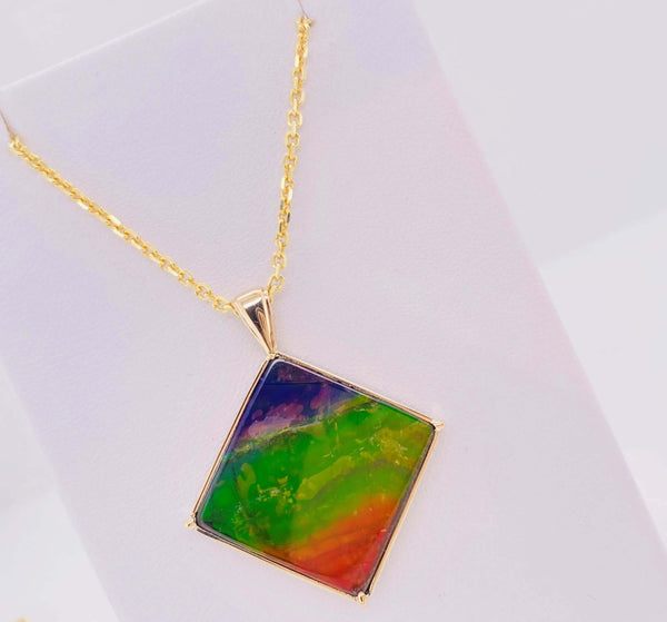 Ammolite Gold Pendant that is 20mm Square Left View PN E21273 