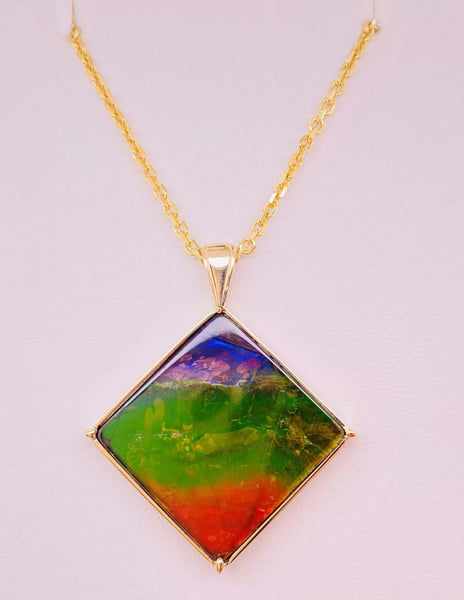 Ammolite Gold Pendant that is 20mm Square Front View  PN E21273 