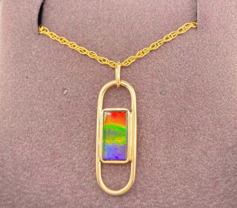 Ammolite Gold Pendant with a Rectangle Gemstone PN E21443