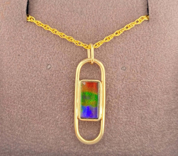 Ammolite Gold Pendant with a Rectangle Gemstone Front View PN E21443
