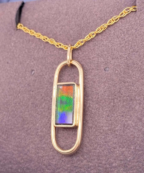 Ammolite Gold Pendant with a Rectangle Gemstone Left View PN E21443 