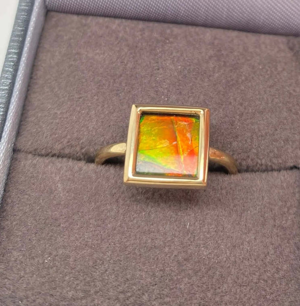 Ammolite Gold Ring with a 8mm Square Gemstone Left View PN E21321 