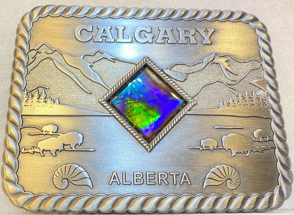 Ammolite Large Calgary Alberta Belt Buckle with a Blue, Green and Purple stone