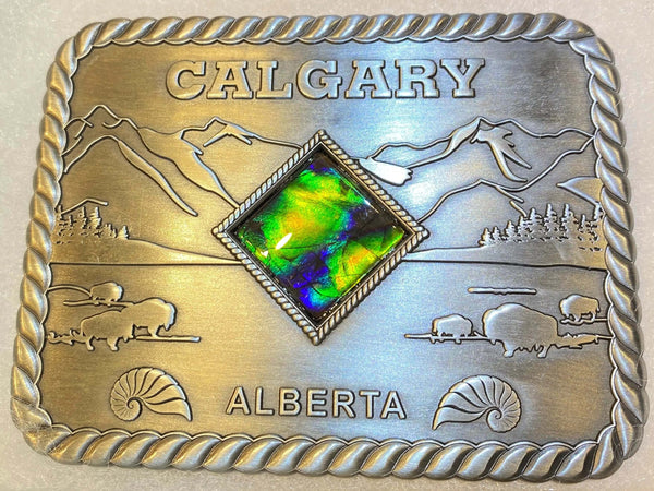 Ammolite Large Calgary Alberta Belt Buckle with a Green, Yellow and Blue stone