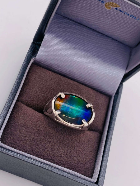 Ammolite Men's Silver Oval Ring Left View PN AC20623 