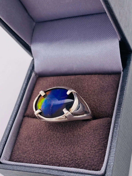 Ammolite Men's Silver Oval Ring Right View PN AC20623 