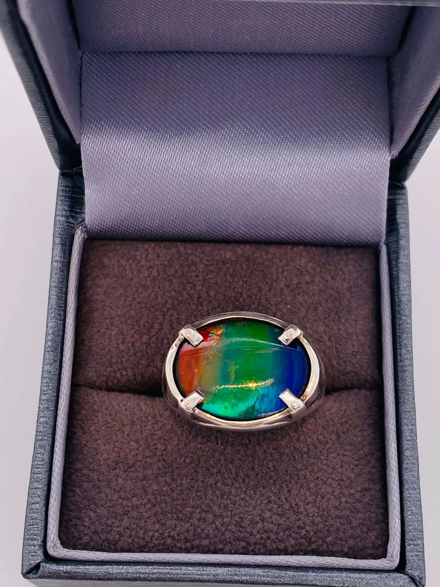 Ammolite Men's Silver Oval Ring PN AC20623